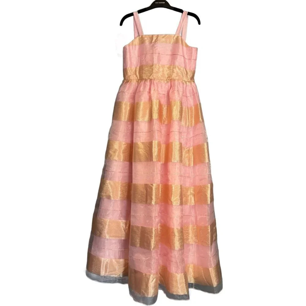 Show Me Your Mumu Dress O/S Pink Gold Stripe Organza Princess Lace Up Flouncy